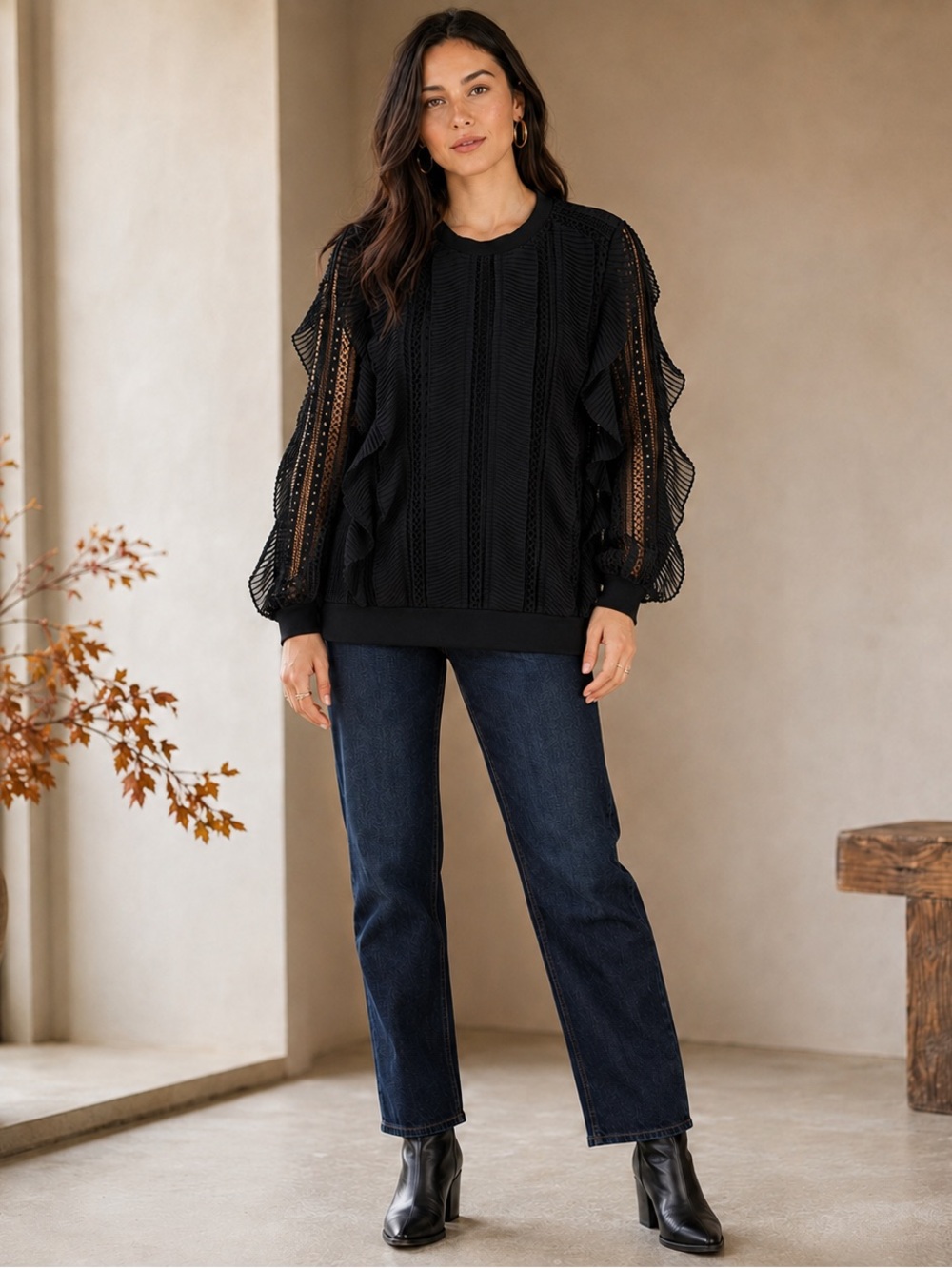 Anthropologie x Daniel Rainn Black Lace Sheer Sleeve Blouse M